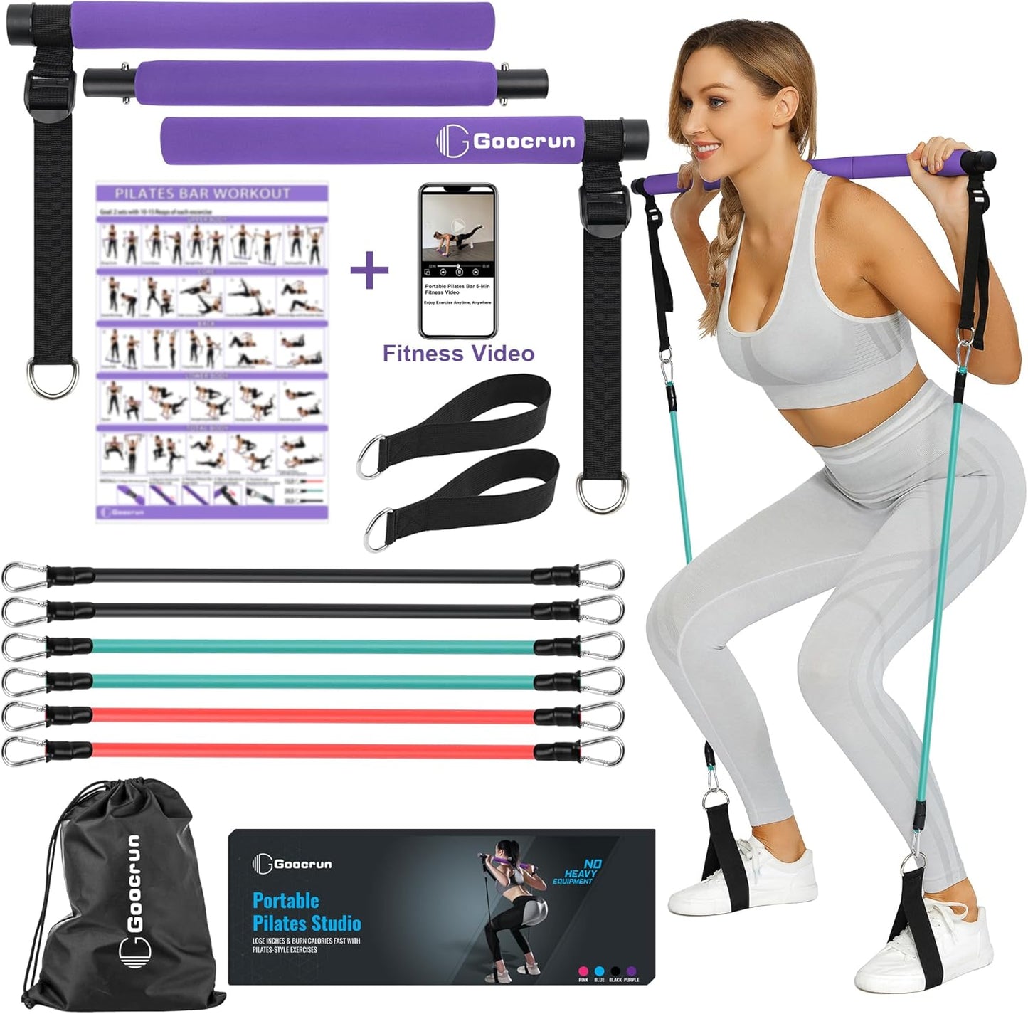 Multifunctional Home Gym Portable Pilates Bar Kit with 3 Set Exercise Resistance Bands for Men and Women