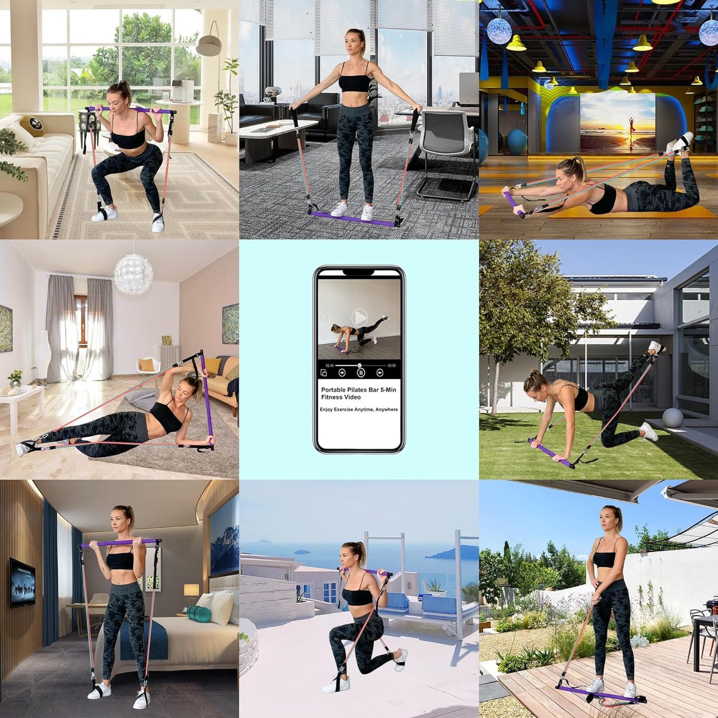 Multifunctional Home Gym Portable Pilates Bar Kit with 3 Set Exercise Resistance Bands for Men and Women