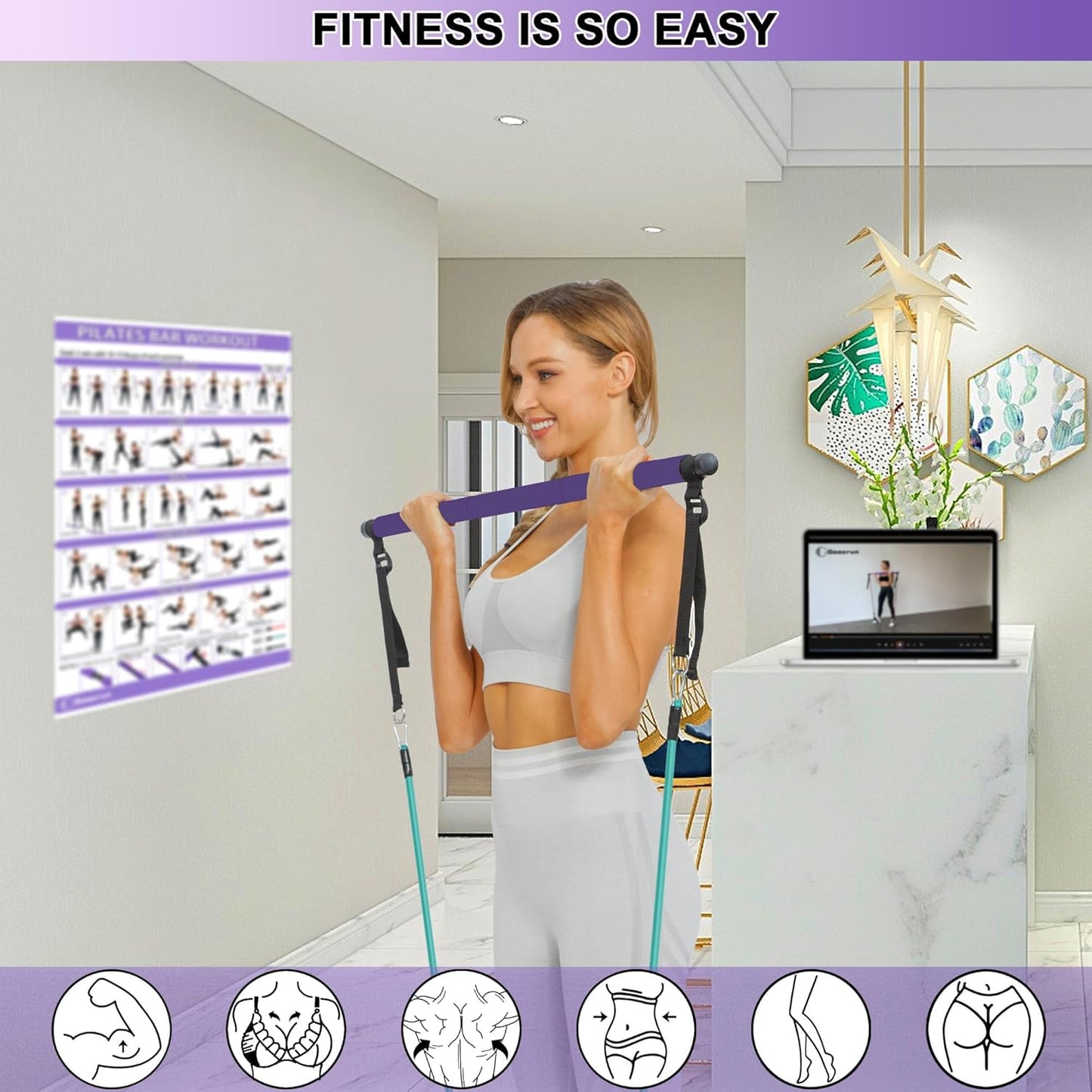 Multifunctional Home Gym Portable Pilates Bar Kit with 3 Set Exercise Resistance Bands for Men and Women