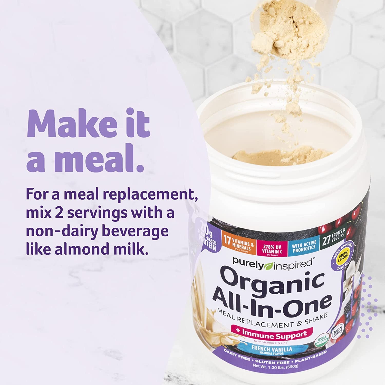 All-In-One Plant Based Protein Powder for Women & Men Shake Vanilla, 1.3 Pounds