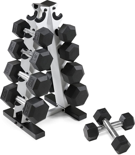 5-25Lb Rubber Coated Hex Dumbbell Set with a Frame Storage Rack