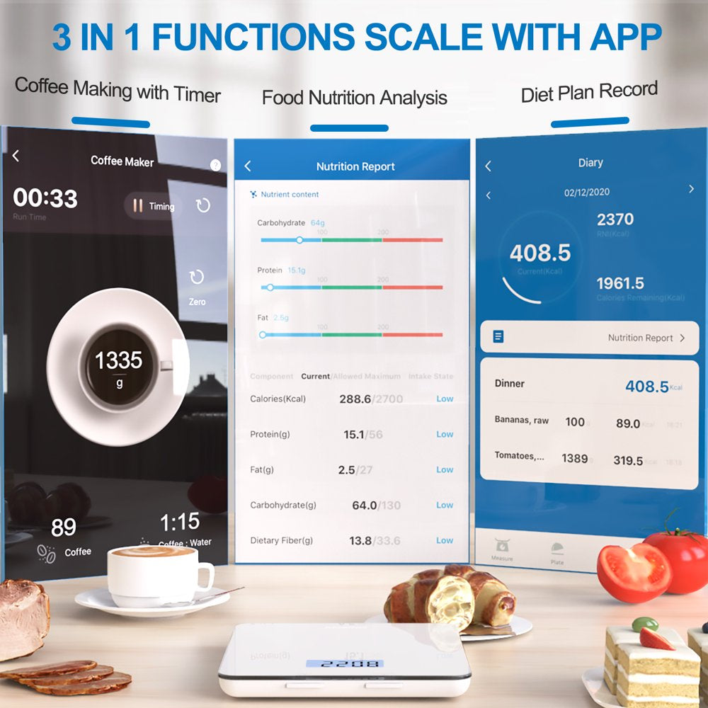 Bluetooth Food Scale with App, Digital Smart Kitchen Scale, Glass, White