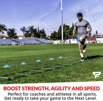 Pro Agility Ladder and Cones - Speed and Agility Training Set with 15 Ft Fixed-Rung Ladder & 12 Cones for Soccer, Football, Sports, Exercise, Workout, Footwork Drills - Includes Heavy Duty Carry Bag