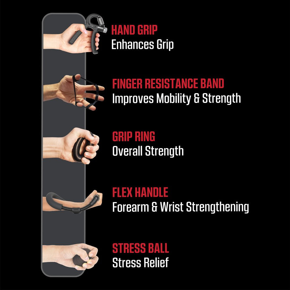 Powerflex Grip Strengthening Kit, Hand Grip Strengthener Trainer, 5-Piece Set, Black